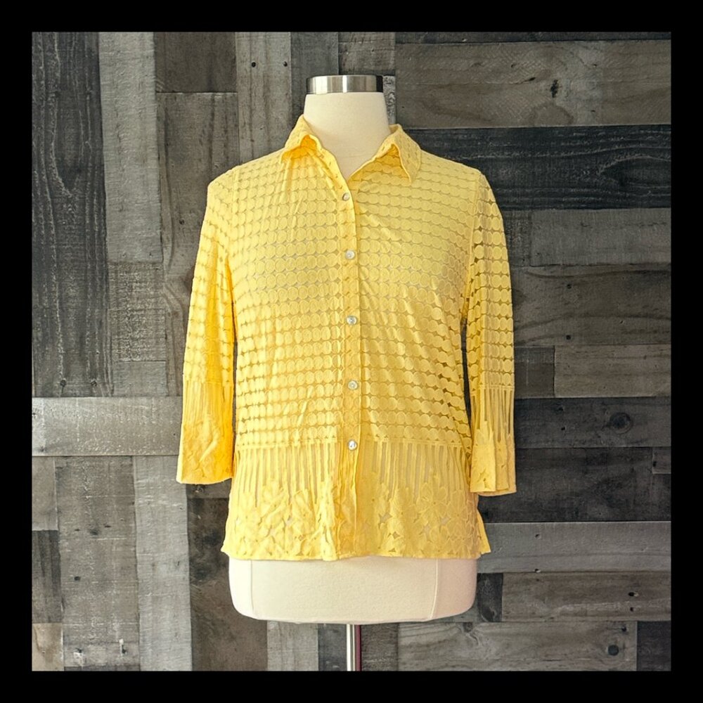 Alfred Dunner sheer yellow button up top Xlarge Petite floral polka dot tropical